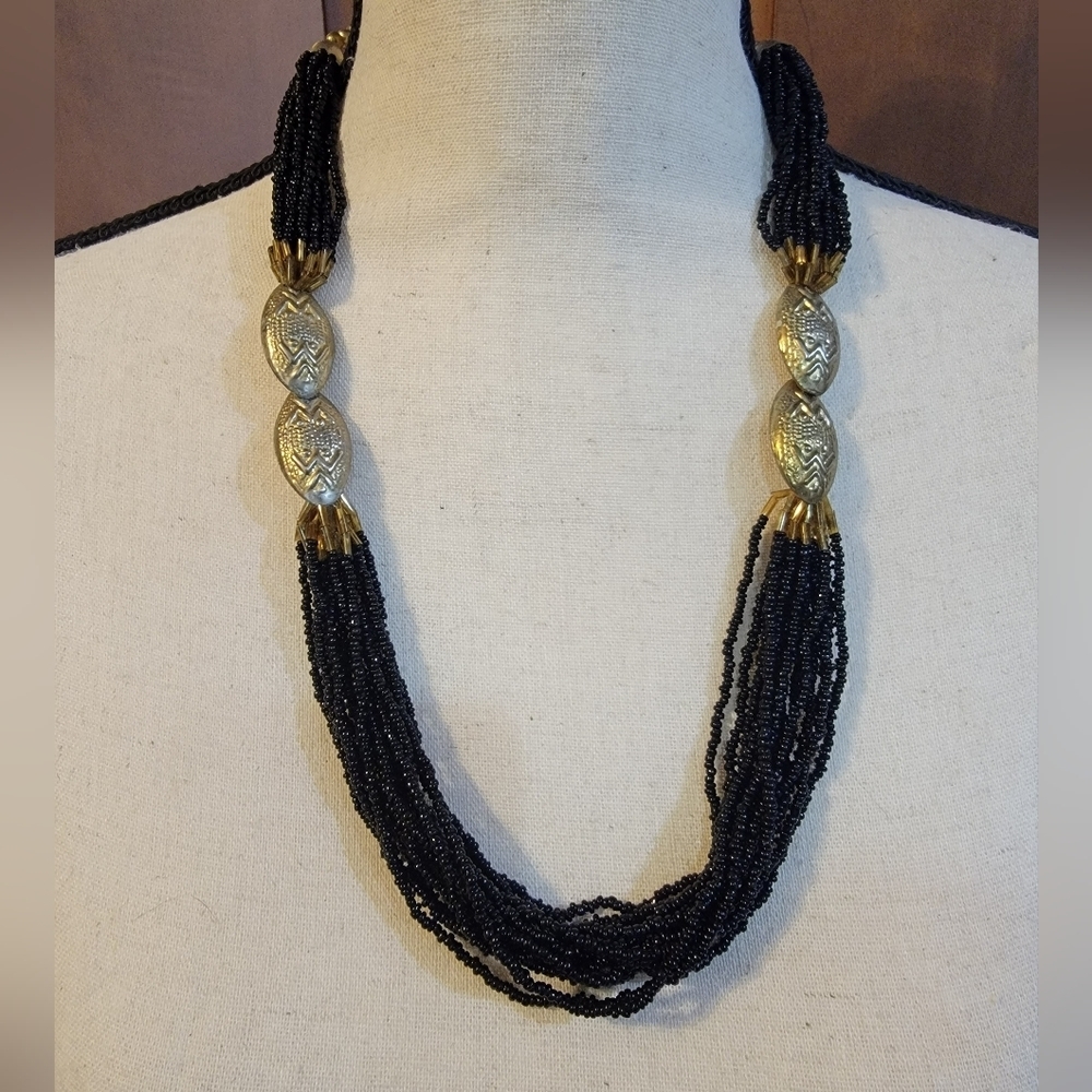 Vintage 16 Strand Black Seed Bead Ornate Gold Tone Statement Necklace 24”